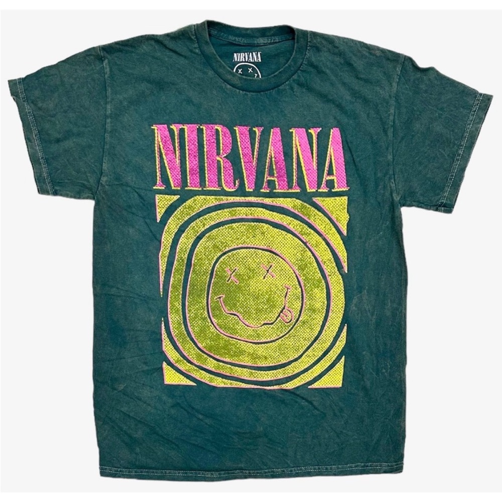 😊 NIRVANA Green/Pink/Yellow Tee T-Shirt Distressed Mineral Acid Wash Size Large